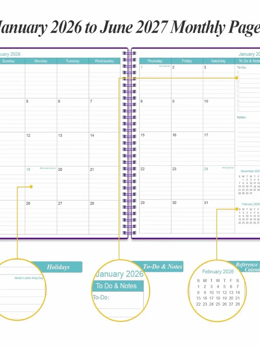2026-2027 Monthly Planner - Purple Spiral Notebook A4